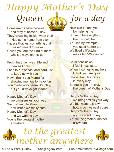 Lyric Sheet for original Happy Mother's Day song by Lee Durley