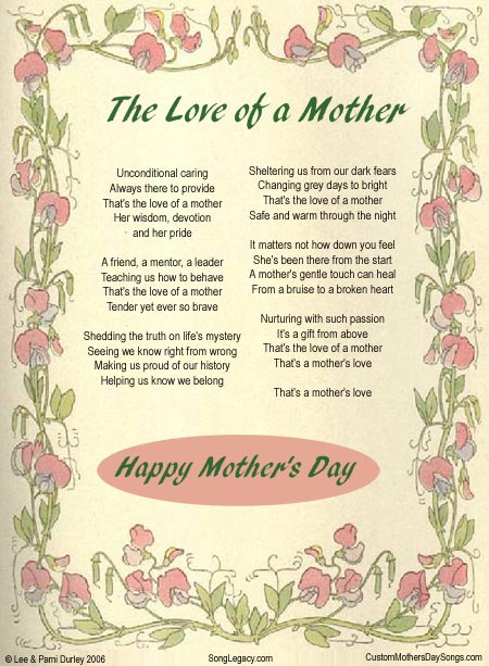 Lyric Sheet for original mother's day song by Lee Durley