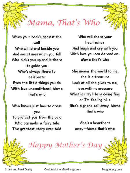 Lyric Sheet for original mother's day song by Lee Durley